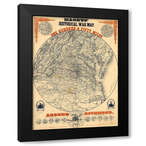150 Miles Around Richmond 1864 Black Modern Wood Framed Art Print with Double Matting by Vintage Maps