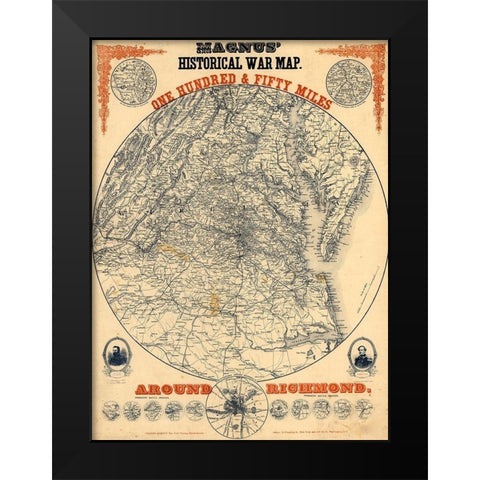 150 Miles Around Richmond 1864 Black Modern Wood Framed Art Print by Vintage Maps