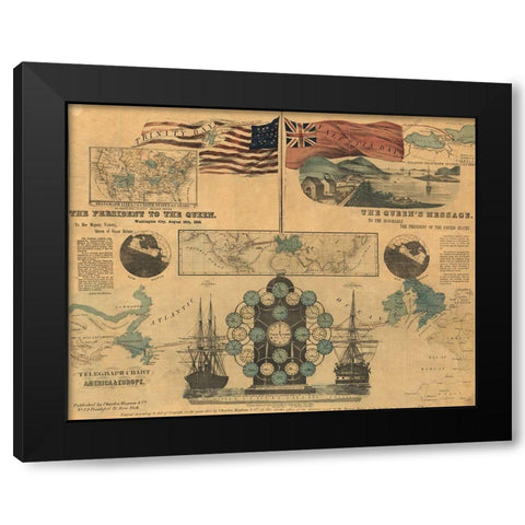 Telegraph Chart of America and Europe 1858 Black Modern Wood Framed Art Print by Vintage Maps
