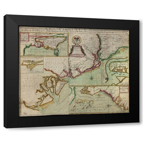 Carolinas in 1711 Black Modern Wood Framed Art Print with Double Matting by Vintage Maps