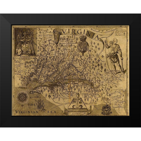 Virginia Discovered and described by john Smith 1606 Black Modern Wood Framed Art Print by Vintage Maps