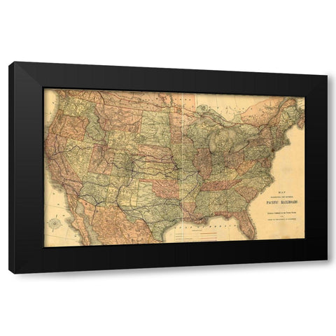 Pacific Railroads of The United States 1883 Black Modern Wood Framed Art Print with Double Matting by Vintage Maps
