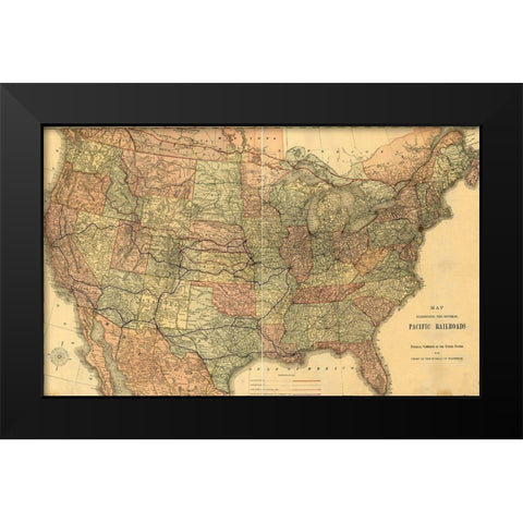 Pacific Railroads of The United States 1883 Black Modern Wood Framed Art Print by Vintage Maps