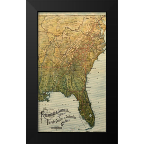 Richmond and Danville 1893 Black Modern Wood Framed Art Print by Vintage Maps