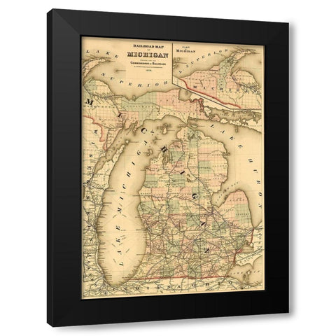 Railroads of Michigan 1874 Black Modern Wood Framed Art Print with Double Matting by Vintage Maps