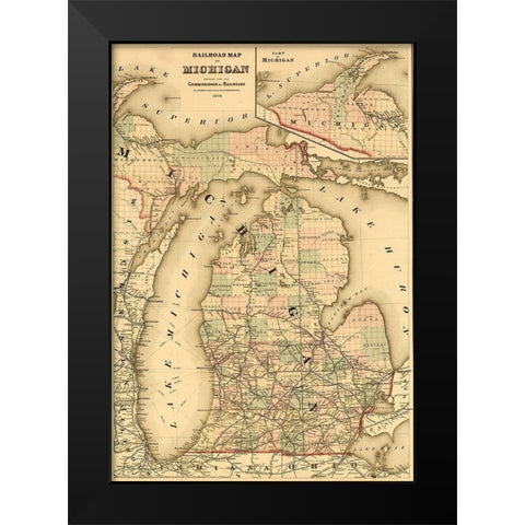 Railroads of Michigan 1874 Black Modern Wood Framed Art Print by Vintage Maps