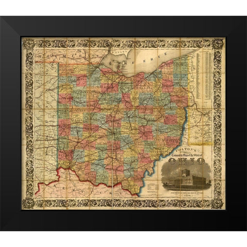 Railroad Township Map of the States of Ohio 1854 Black Modern Wood Framed Art Print by Vintage Maps