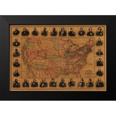 Railroad Barons with US Lines and Proposed Mail Routes Black Modern Wood Framed Art Print by Vintage Maps