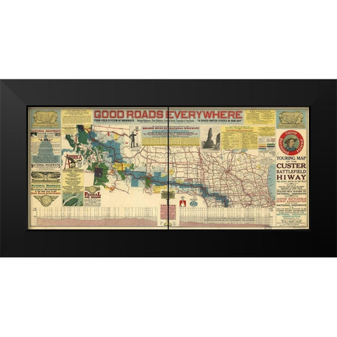 Good Roads Everywhere A Touring Map of the Custer Battlefield Highway 1925 Black Modern Wood Framed Art Print by Vintage Maps