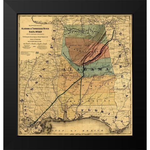 Alabama and Tennessee River Rail Road 1867 Black Modern Wood Framed Art Print by Vintage Maps