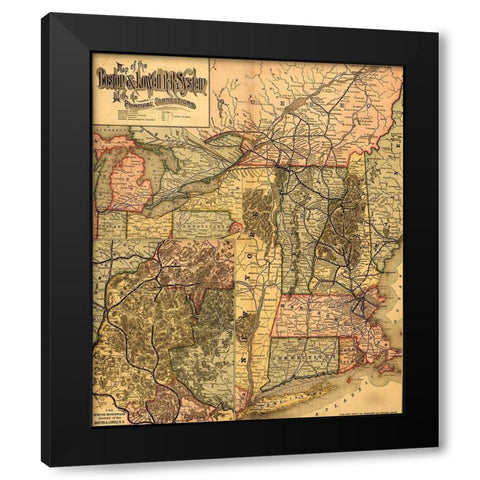 Boston and Lowell R R system 1890 Black Modern Wood Framed Art Print with Double Matting by Vintage Maps
