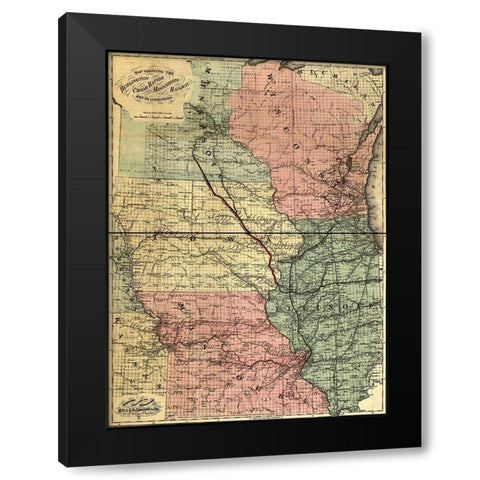 Burlington Cedar Rapids and Minnesota Railway 1868 Black Modern Wood Framed Art Print with Double Matting by Vintage Maps