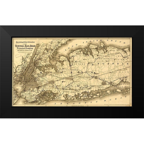 Central Rail Road Extension Company of Long Island 1873 Black Modern Wood Framed Art Print by Vintage Maps