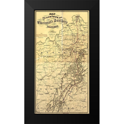 Cincinnati Southern 1873 Black Modern Wood Framed Art Print by Vintage Maps