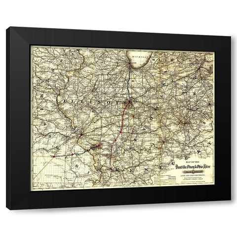 Danville Olney and Ohio River Railroad 1881 Black Modern Wood Framed Art Print by Vintage Maps