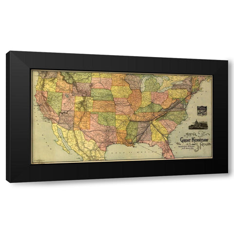 Great Kennesaw Route 1890 Black Modern Wood Framed Art Print by Vintage Maps