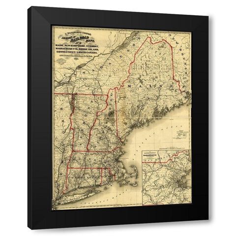 Maine New Hampshire Vermont Massachusetts Rhode Island Connecticut and Lower Canada 1860 Black Modern Wood Framed Art Print with Double Matting by Vintage Maps