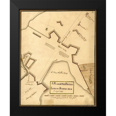 British Lines on Boston Neck Bunker Hill 1775 Black Modern Wood Framed Art Print by Vintage Maps