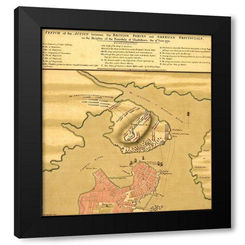 Battle of Bunker Hill 1775 Black Modern Wood Framed Art Print by Vintage Maps
