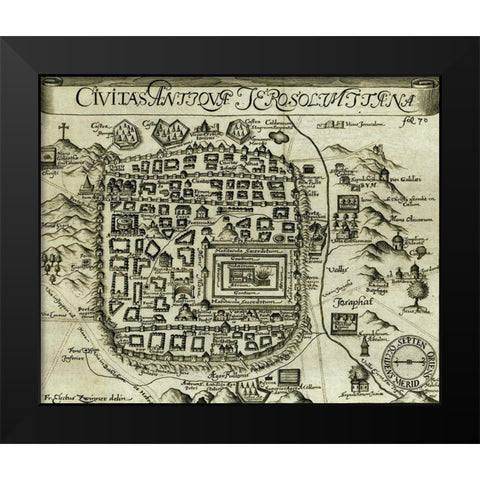 Modern Antique Map of Jerusalem Black Modern Wood Framed Art Print by Vintage Maps