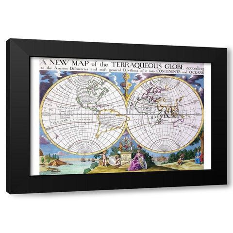 Stereographic Projection of the World with Latitude and Longitudinal lines Black Modern Wood Framed Art Print with Double Matting by Wells, Edward