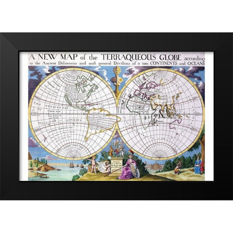 Stereographic Projection of the World with Latitude and Longitudinal lines Black Modern Wood Framed Art Print by Wells, Edward