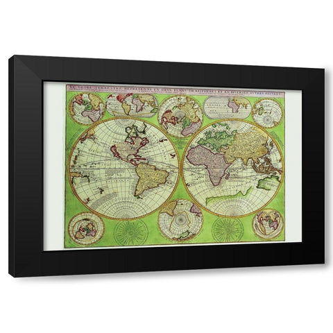 Stereographic World Map with Insets of Polar Projections Black Modern Wood Framed Art Print by Coronelli, Vincenzo