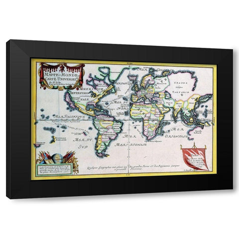 Mappe Monde or Carte Universel Black Modern Wood Framed Art Print by Fer, Nicolas De