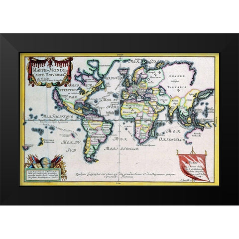 Mappe Monde or Carte Universel Black Modern Wood Framed Art Print by Fer, Nicolas De