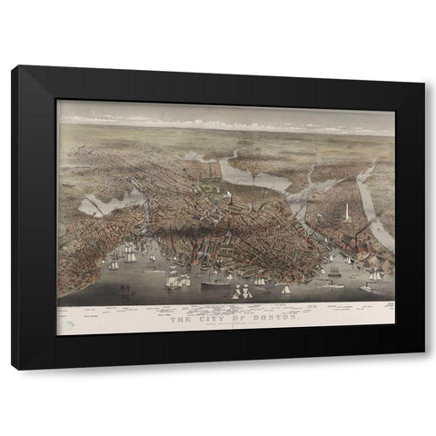 City of Boston Black Modern Wood Framed Art Print with Double Matting by Currier and Ives