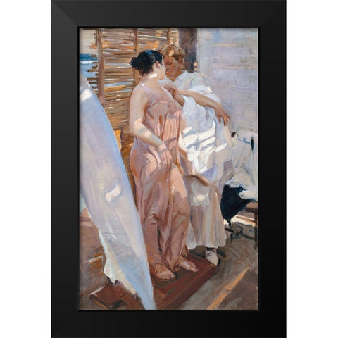 The Pink Robe After the Bath Black Modern Wood Framed Art Print by Sorolla, Joaquin