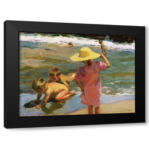 Children at the Seashore Black Modern Wood Framed Art Print by Sorolla, Joaquin