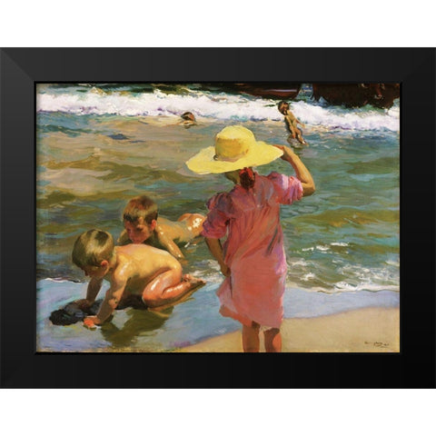 Children at the Seashore Black Modern Wood Framed Art Print by Sorolla, Joaquin