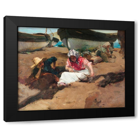 Mending the Nets Black Modern Wood Framed Art Print with Double Matting by Sorolla, Joaquin