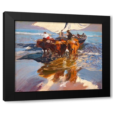 Fishing Boats Valencia Beach Black Modern Wood Framed Art Print with Double Matting by Sorolla, Joaquin