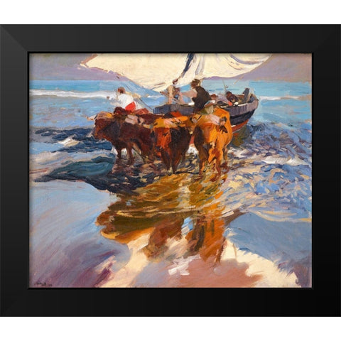 Fishing Boats Valencia Beach Black Modern Wood Framed Art Print by Sorolla, Joaquin