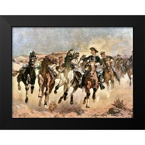 Dismounted The Fourth Troopers Moving the Led Horses Black Modern Wood Framed Art Print by Remington, Frederic