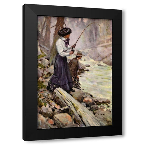 Lady Fishing from The Greater Power 1909 Black Modern Wood Framed Art Print with Double Matting by Dunton, William