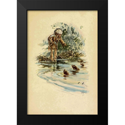 Indian and otters from The Song of Hiawatha 1906 Black Modern Wood Framed Art Print by Fisher, Harrison