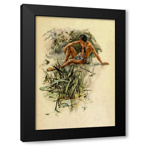 Indian by the river from The Song of Hiawatha 1906 Black Modern Wood Framed Art Print by Fisher, Harrison