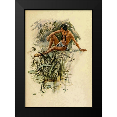 Indian by the river from The Song of Hiawatha 1906 Black Modern Wood Framed Art Print by Fisher, Harrison