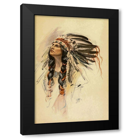 Indian with Head Dress from The Song of Hiawatha 1906 Black Modern Wood Framed Art Print by Fisher, Harrison