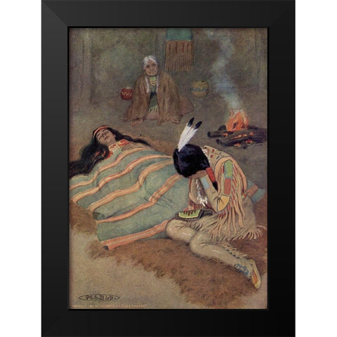 Seven long days and nights he sat there from Story of Hiawatha 1910 Black Modern Wood Framed Art Print by Kirk, Maria