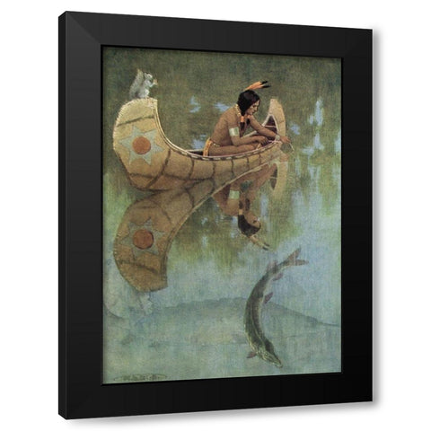 Take my bait oh king of fishes from Story of Hiawatha 1910 Black Modern Wood Framed Art Print by Kirk, Maria