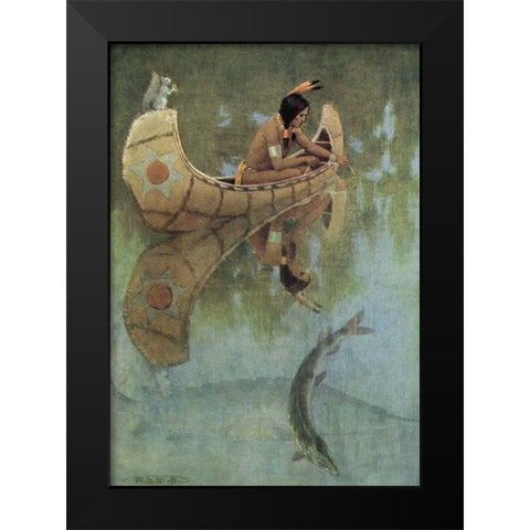 Take my bait oh king of fishes from Story of Hiawatha 1910 Black Modern Wood Framed Art Print by Kirk, Maria