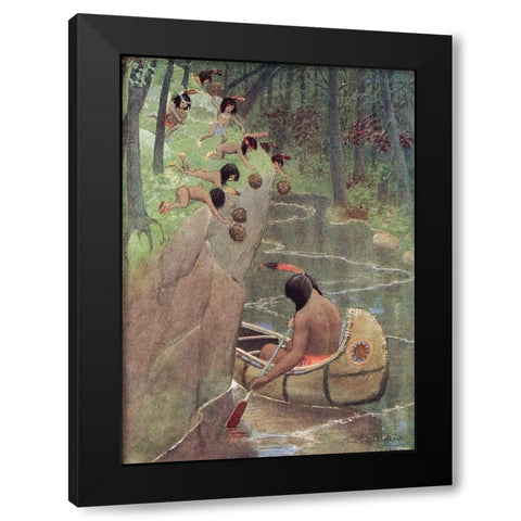 They hurled down pinecones from Story of Hiawatha 1910 Black Modern Wood Framed Art Print by Kirk, Maria