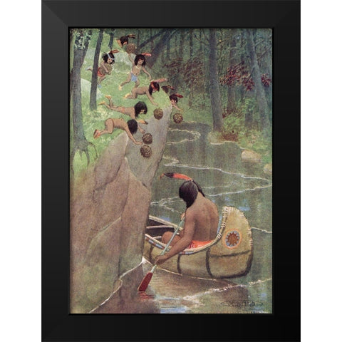 They hurled down pinecones from Story of Hiawatha 1910 Black Modern Wood Framed Art Print by Kirk, Maria