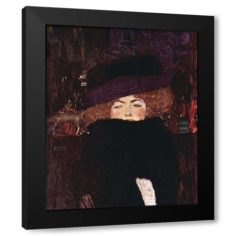 Dame mit Hut und Federboa Black Modern Wood Framed Art Print by Klimt, Gustav