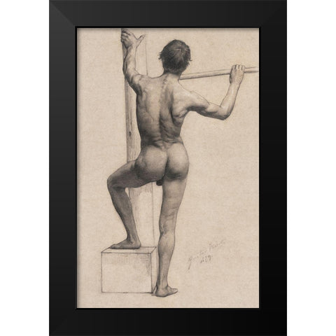 Male Nude with Left Foot on a Pedestal Black Modern Wood Framed Art Print by Klimt, Gustav