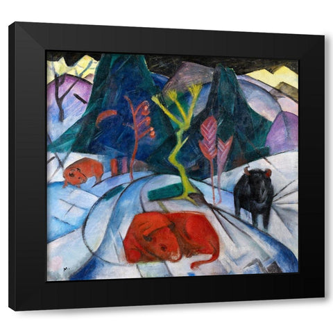 Bison in winter-red bison Black Modern Wood Framed Art Print with Double Matting by Marc, Franz